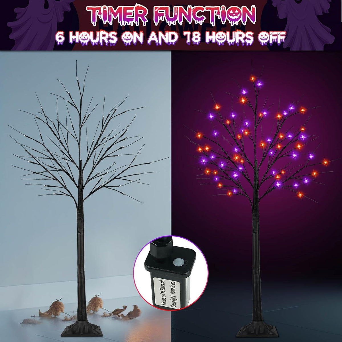 2 Pack 5FT Black Halloween Tree with 200 LED Orange and Purple Lights
