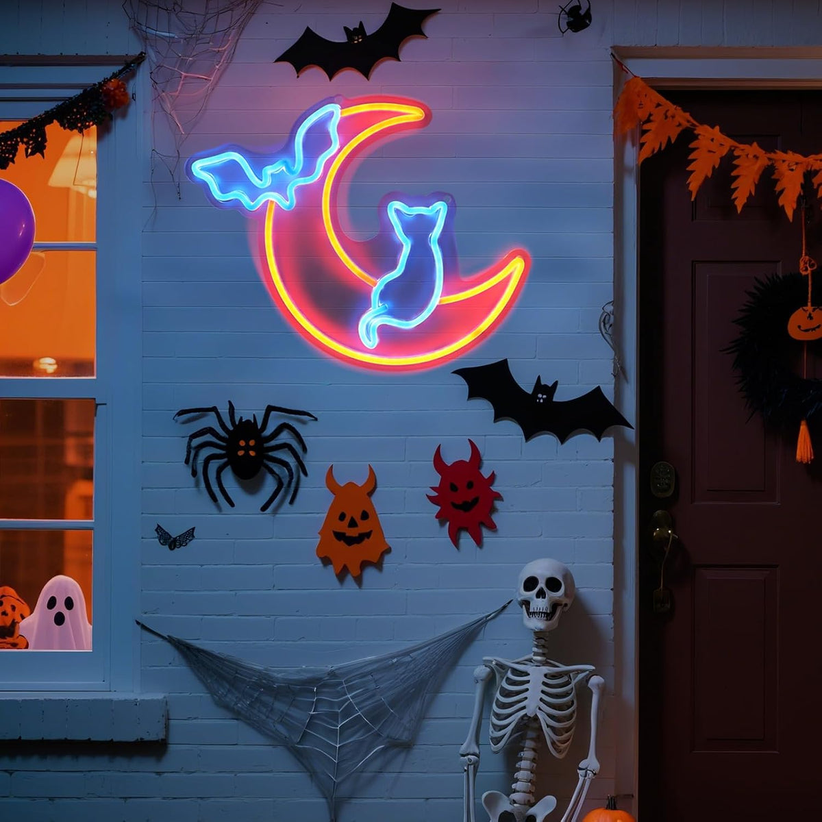 Halloween Neon Sign Wall Decor - Moon&Bat&Cat Themed Halloween LED Lights