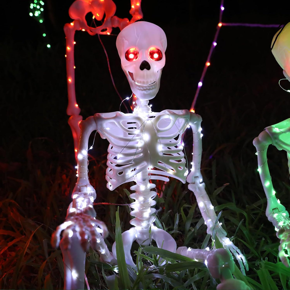 Halloween Decorations Outdoor Skeletons Set - 2 Pack 36" (90cm) Light Up Skeleton with LED Lights & 2 Red Eyes, Poseable Full Body, Indoor Halloween Decor for Yard, Porch (White)
