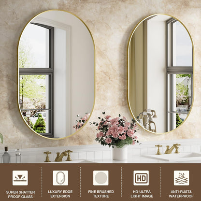 16"x24" brushed gold oval bathroom mirror for over, front angle view