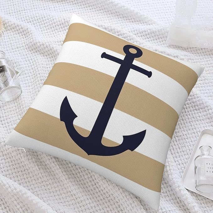 Myshe Square Nautical Navy Blue Anchor On Tropical Tan Stripes Throw Pillow - Image 7