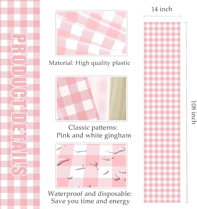 12 Pcs Light Pink and White Checkered Table Runner Plastic 14 x 108 Disposable - Image 2