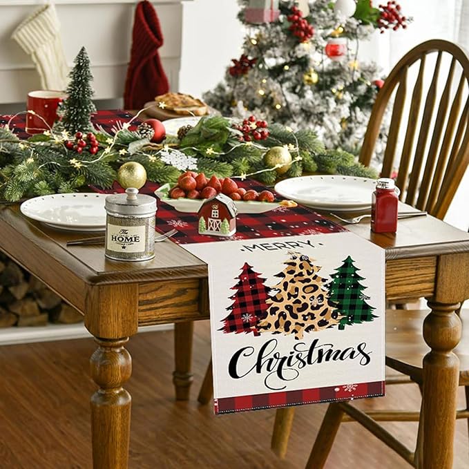 Christmas Tree Table Runner 13x72 Inch Buffalo Plaid Xmas Pine Trees Merry - Image 3