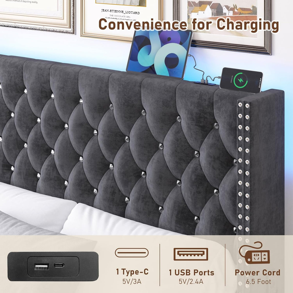 hlivelood queen led upholstered bed frame with wingback, side view