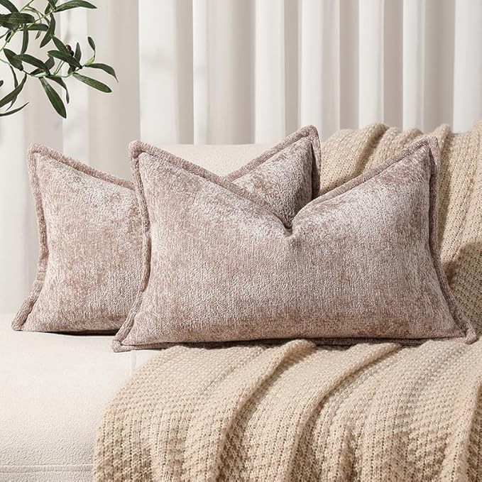 Pack of 2 Khaki Decorative Throw Pillow Covers 12x20 Cozy Soft Chenille Accent by DEZENE
