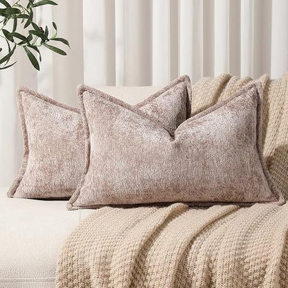 Pack of 2 Khaki Decorative Throw Pillow Covers 12x20 Cozy Soft Chenille Accent by DEZENE
