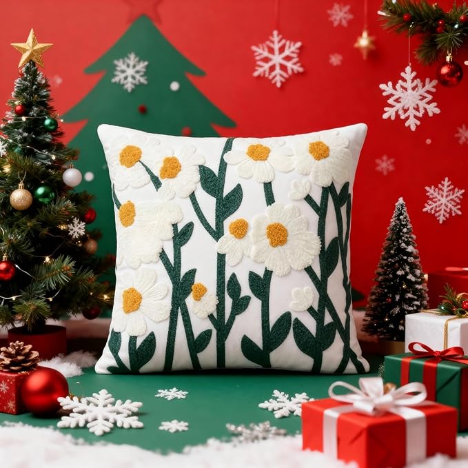 18x18 Embroidered Throw Pillow Cover – Green Daisy Floral Cotton Decorative - Image 10