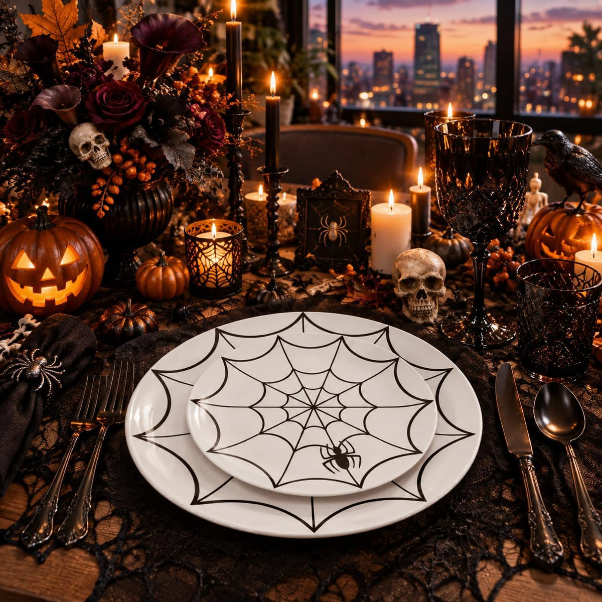 WDF 60Pieces Halloween Plates Disposable Plastic - White and Black with Cobwebs plates Dinnerware include 30PCS 10.25inch and 30PCS 7.5inch Plates for Halloween