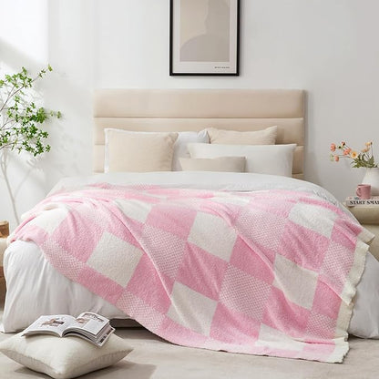 Snuggle Sac Checkered Blanket, Baby Pink Throw Blanket - Image 4