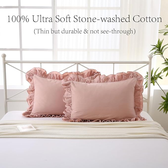 2 Pack Dust Pink Ruffle King Size Pillow Covers, 100% Washed Cotton Envelope - Image 3