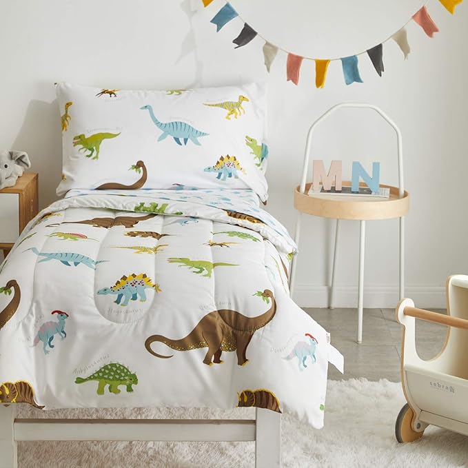 4 Pieces Toddler Bedding Set Dinosaur White - Image 2
