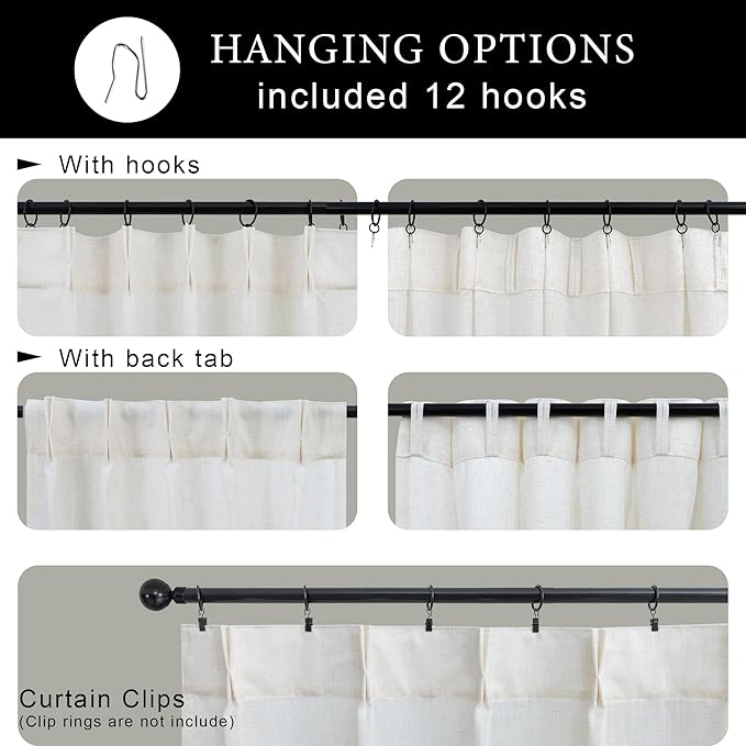 Pinch Pleated Cream Linen Kitchen Curtain 24 Inch Length 2 Panel Set Modern - Image 2