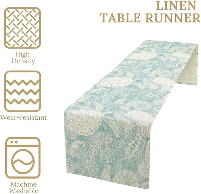 Marine Sea Turtle Table Runner, Ocean Beach Coral Starfish Seashell Table Runner - Image 5