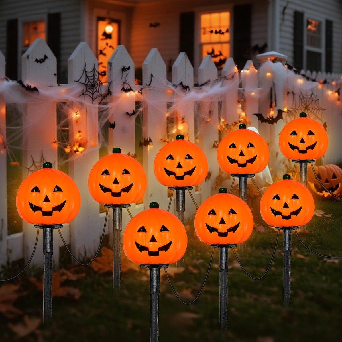 2 Sets 7Ft Halloween Decorations Pathway Lights Outdoor Pumpkin Stake Lights with 8 Jack-O Lantern Pumpkin Lights, 5 C7 LED Bulbs and 8 Stakes for Walkway Driveway Garden Lawn Lighting and Decor