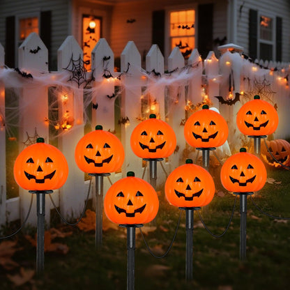 2 Sets 7Ft Halloween Decorations Pathway Lights Outdoor Pumpkin Stake Lights with 8 Jack-O Lantern Pumpkin Lights, 5 C7 LED Bulbs and 8 Stakes for Walkway Driveway Garden Lawn Lighting and Decor