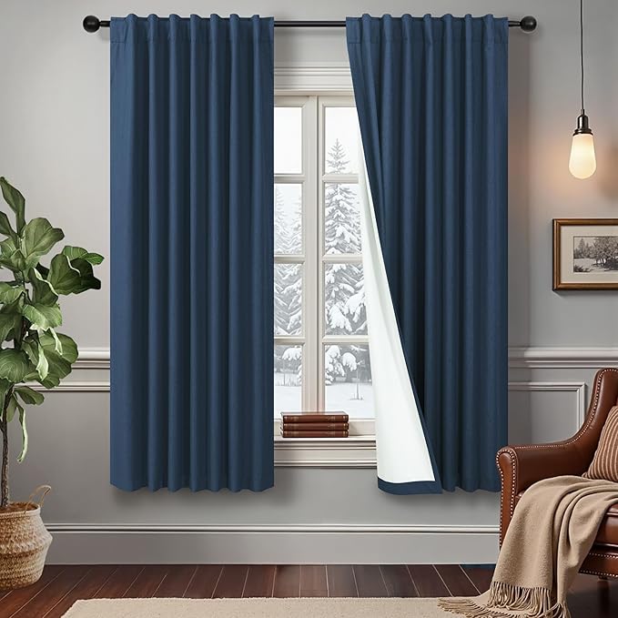 Navy Blue Linen Black Out Curtains 63 Inch Long 2 Panels Burg Thermal Insulated by DANCURTON