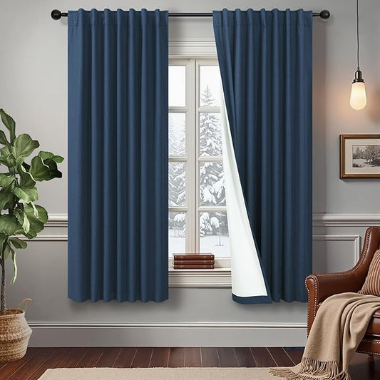 Navy Blue Linen Black Out Curtains 63 Inch Long 2 Panels Burg Thermal Insulated by DANCURTON