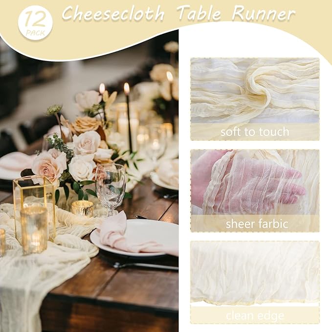 Fivenl 12 Pack Cheesecloth Table Runner 35x72 Inch Boho Gauze Table Runner - Image 4