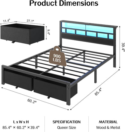 queen size bed frame with 2 storage drawers shown in use