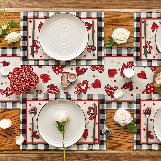 Artoid Mode Buffalo Plaid Red Heart Valentine Placemats Set of 4, 12x18 Inch - Image 4