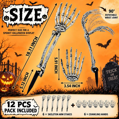 12 PCS Halloween Skeleton Hands Arms Stakes, Realistic Groundbreaker Skeleton Hands with Stakes, Outdoor Halloween Decorations for Lawn, Graveyard, Garden, Tombstones, Haunted House Home Yard Decor