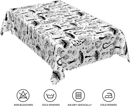 70x90inches Mushroom Tablecloth Retro 70s 60s Hippie Black and White Mushroom - Image 6