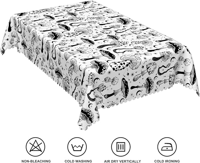 60x84inches Mushroom Tablecloth Retro 70s 60s Hippie Black and White Mushroom - Image 6