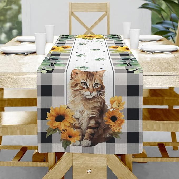 Cat and Sunflower Table Runner, Linen Farmhouse Table Cloth Decor, Table Runner by Hliyty