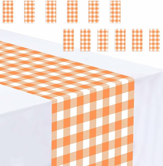 12 Pcs Orange and White Checkered Table Runner Plastic 14 x 108 Disposable by MUNILAIL