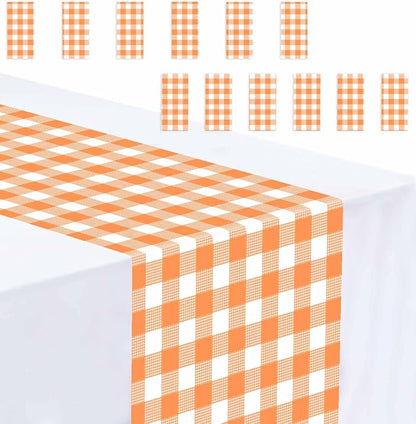 12 Pcs Orange and White Checkered Table Runner Plastic 14 x 108 Disposable by MUNILAIL