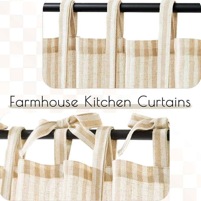 jinchan Tie Top Linen Kitchen Curtains 36 Inches Striped Tier Curtains - Image 5