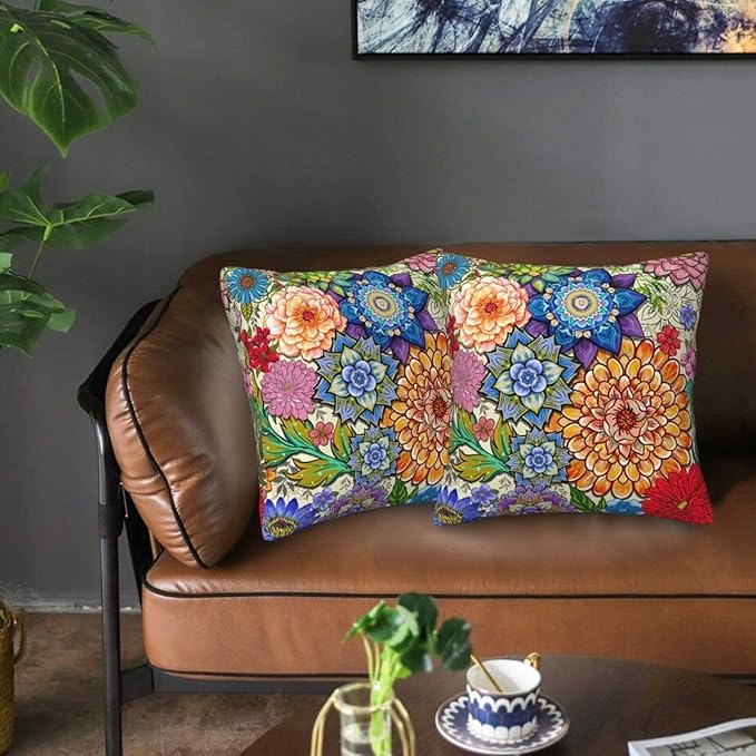 Boho Floral Throw Pillow Covers 18x18 Inch, Colorful Boho Flowers Throw Pillow by Unknown