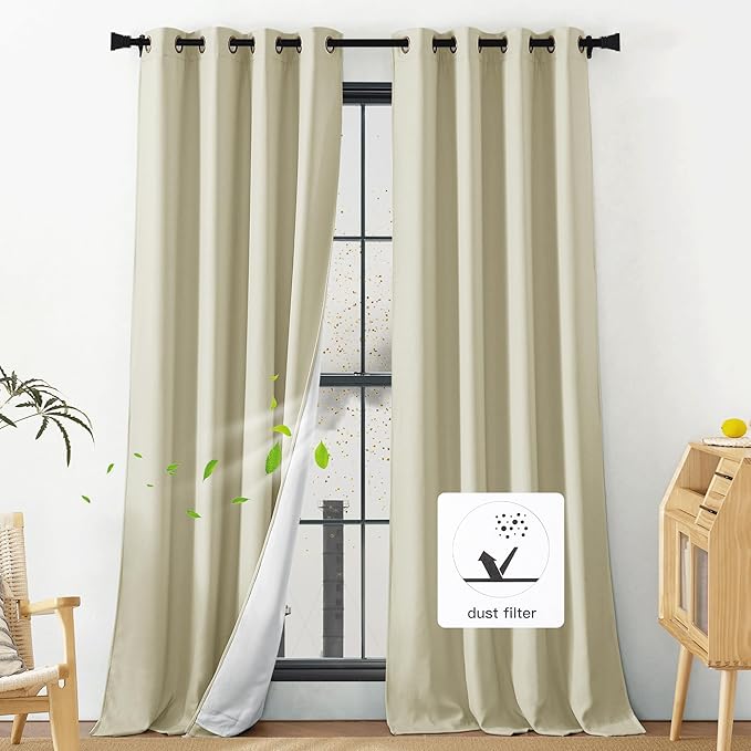 NICETOWN Dust Isolate Sound Barrier 100% Blackout Beige Faux Linen Curtains 84" - Image 7