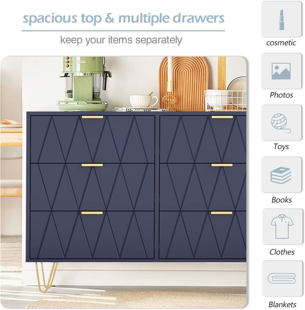 Anbuy Navy Large Dresser 6 Drawer Dresser for Bedroom, Chest of Drawer with 6...
