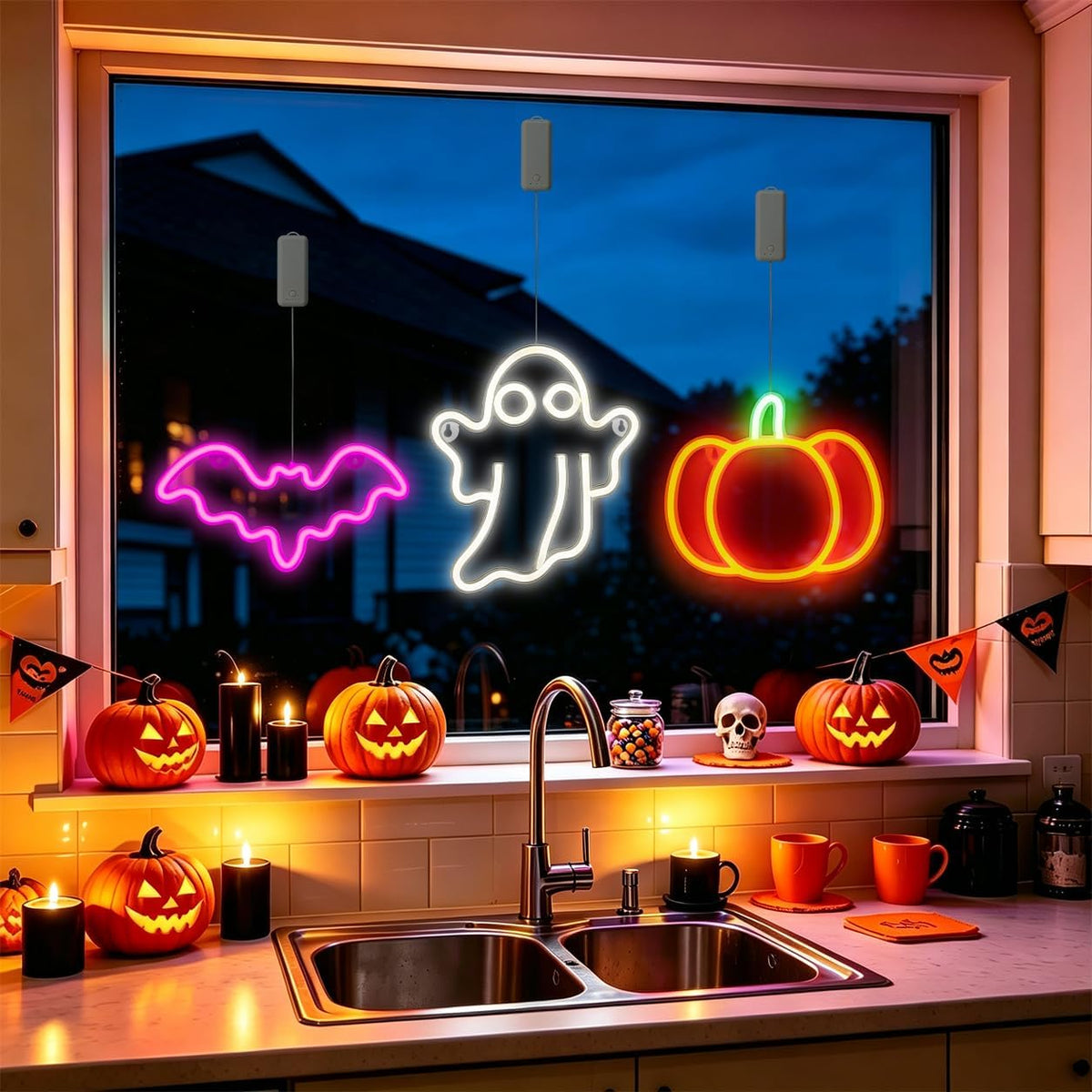 3Pack Rechargeable Halloween Window Lights,4/6/12H Timer,Sharp Outlines