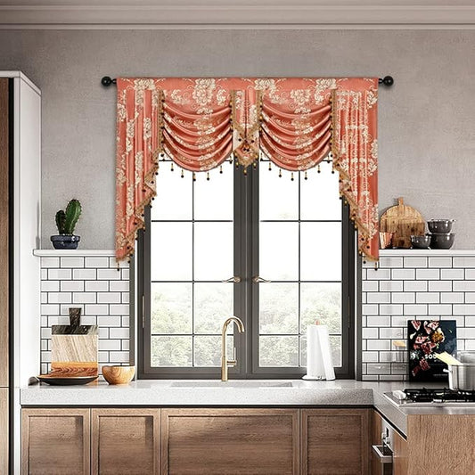 ELKCA Coffee Jacquard Swag Waterfall Valance Luxury Floral Curtain Valance by ELKCA