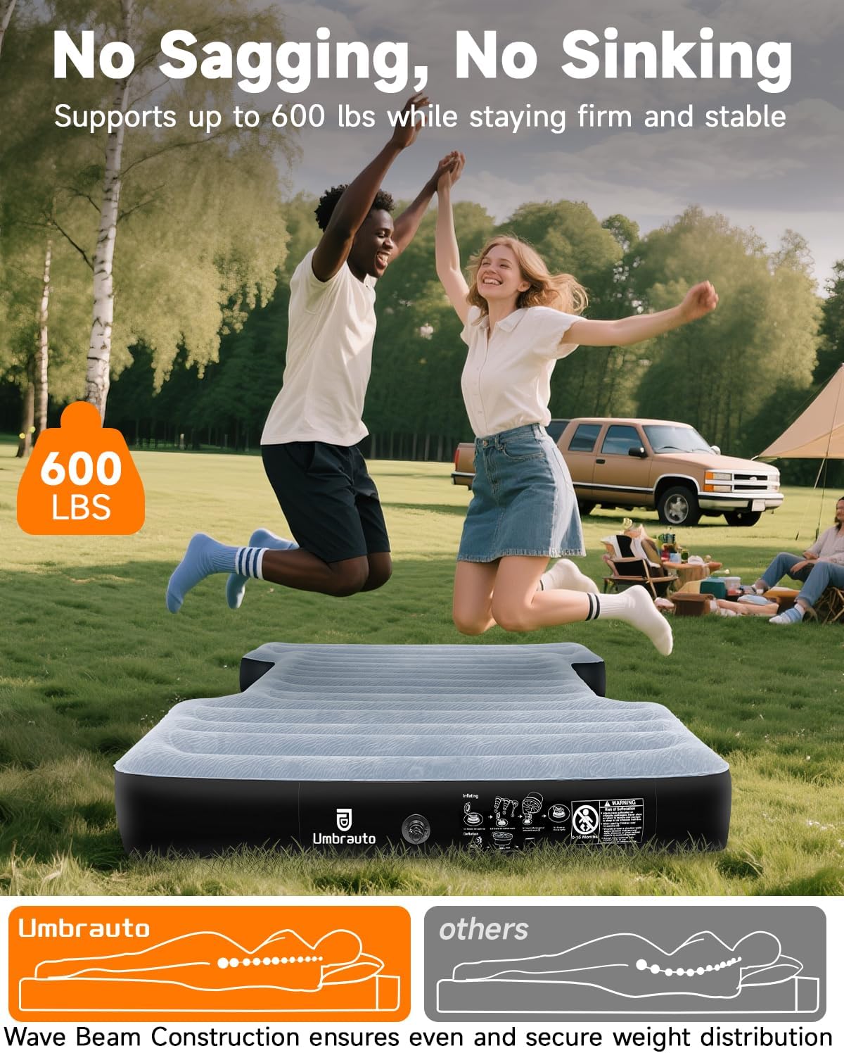 umbrauto air mattress for 5.5-5.8 ft full-size short showing dimensions