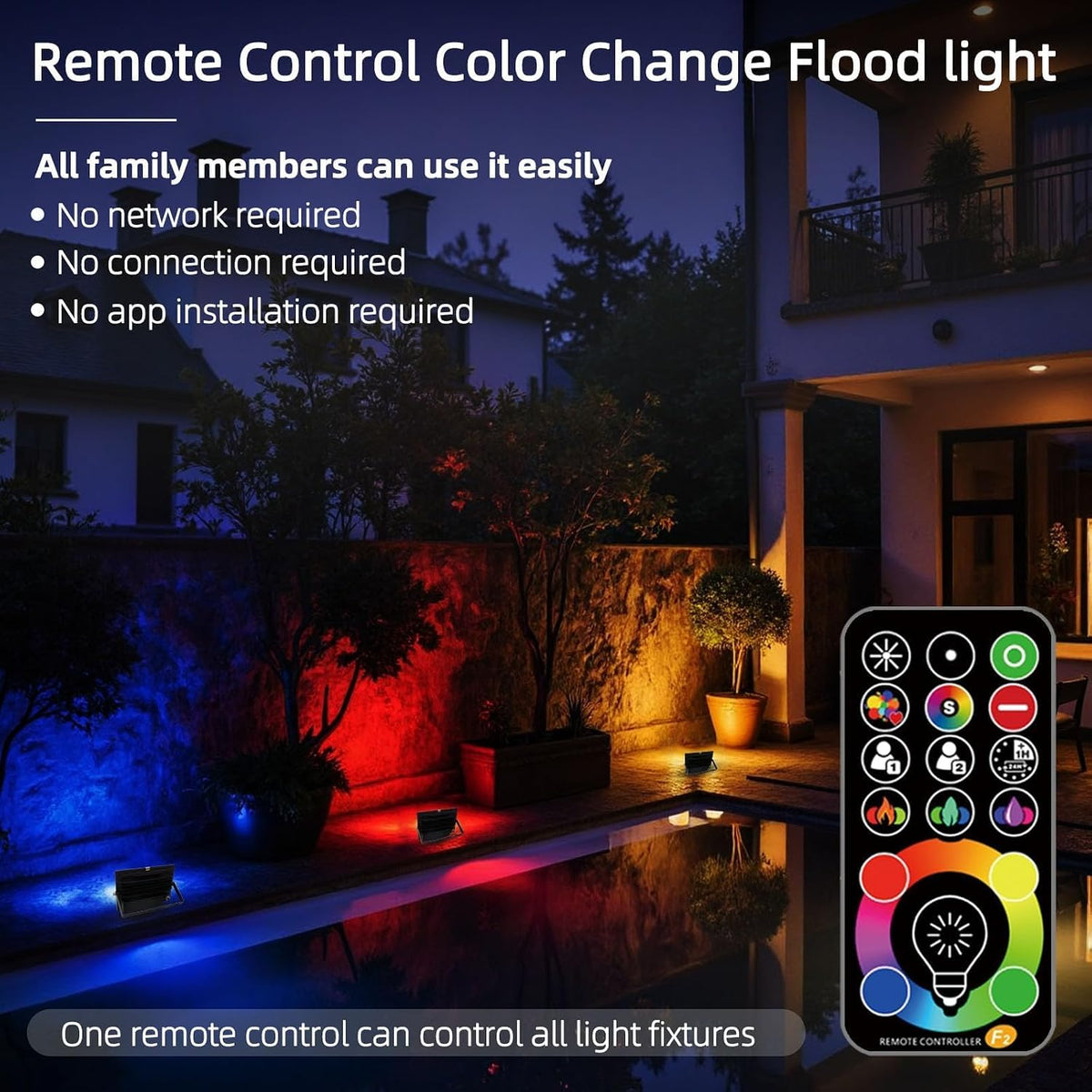 HEKEE LED Flood Light Outdoor, 50W RGB Color Changing Floodlight with Remote Control, RGBW 120 Colors, 2700K, 5000 Lumens, IP66 Waterproof, DIY Strobe Mode, Timing, for Halloween/Christmas (2 Pack)