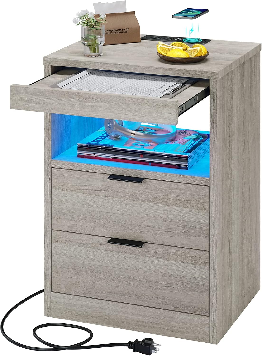 tiptiper led nightstand with wireless charging station, farmhouse, main product view