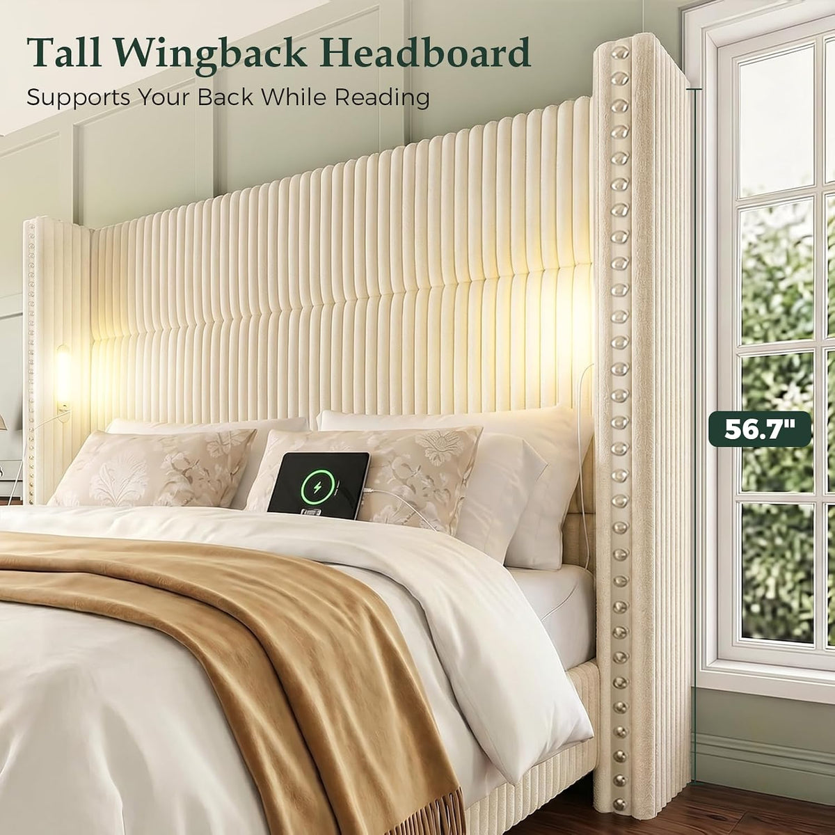 queen bed frame with 56.7" tall wingback headboard, close-up detail