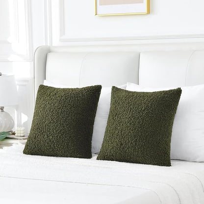 FUTEI Olive Green Throw Pillow Covers 24x24 Inch Set of 2, Furry Faux Fur Teddy - Image 6