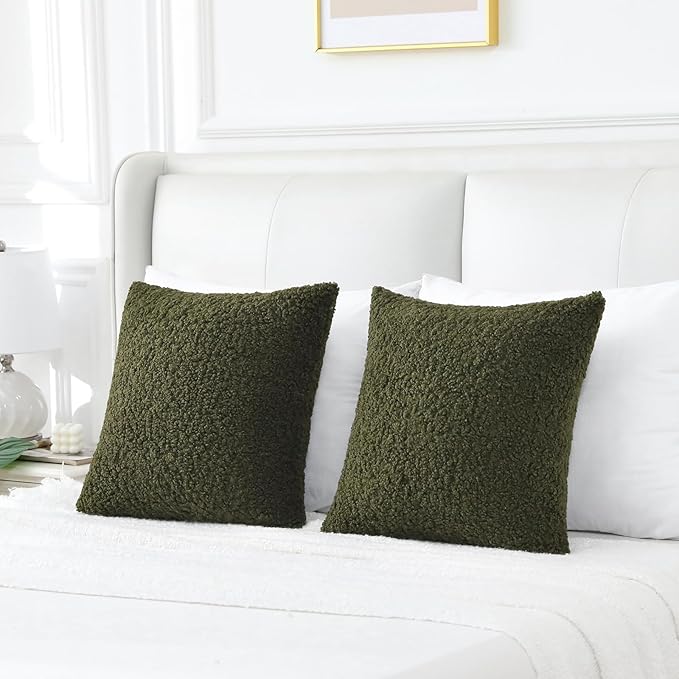 FUTEI Olive Green Throw Pillow Covers 26x26 Inch Set of 2, Furry Faux Fur Teddy - Image 6