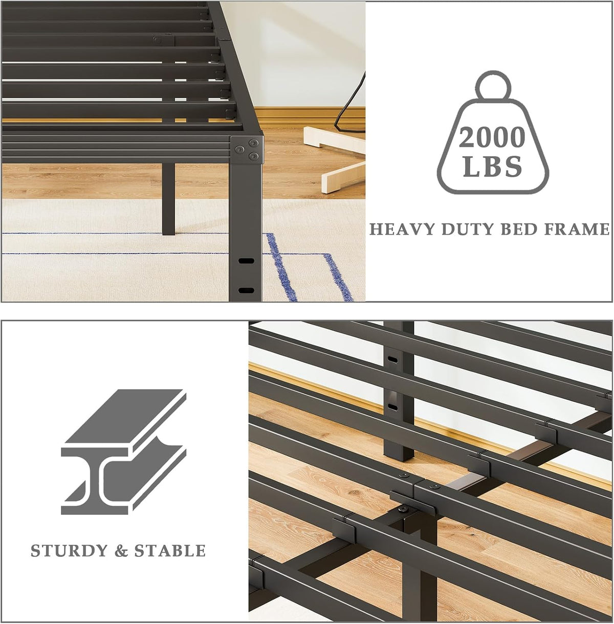 fschos 18 inch metal-bed-frame twin-xl/no box spring needed/reinforced showing dimensions