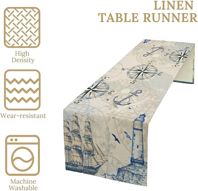 Vintage Nautical Sailboat Table Runner Retro Ligthouse Compass Summer Sea Ocean - Image 4