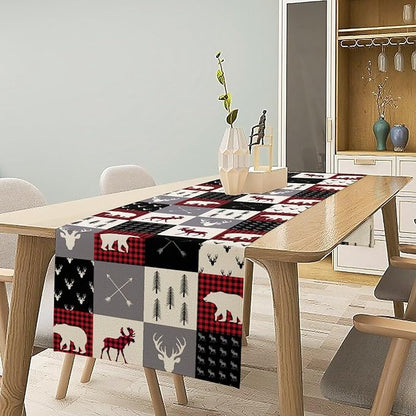 Farmhouse Bear Deer Table Runner, Retro Rustic Village Buffalo Plaid Table - Image 3