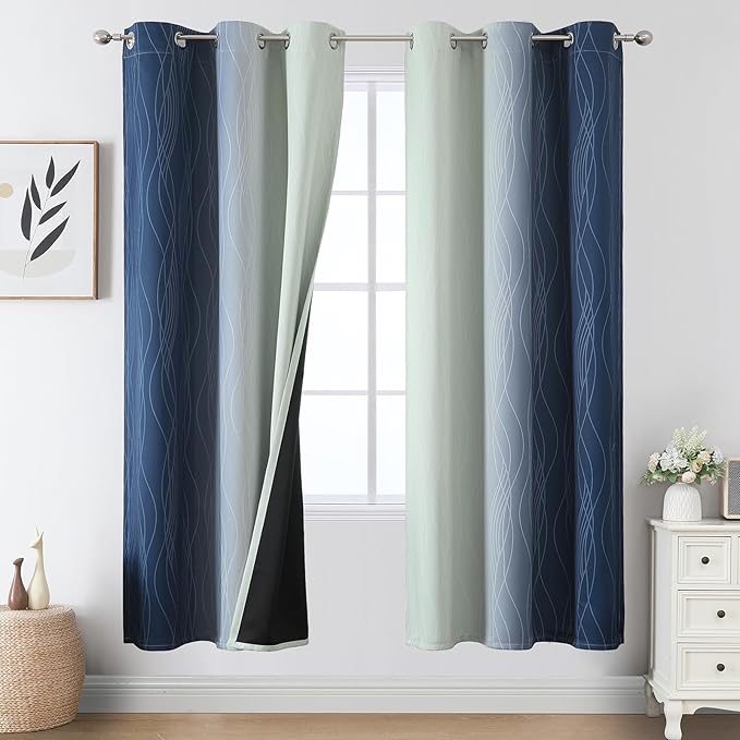 Estelar Textiler Navy Blue and Sage Green Ombre Blackout Curtains 72 Inches by ESTELARTEXTILER