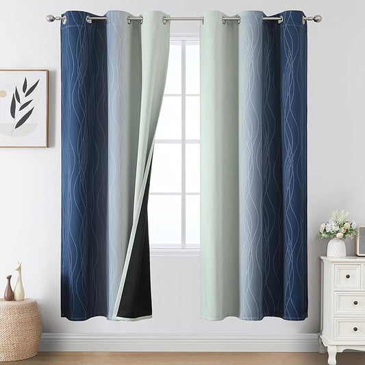 Estelar Textiler Navy Blue and Sage Green Ombre Blackout Curtains 72 Inches by ESTELARTEXTILER