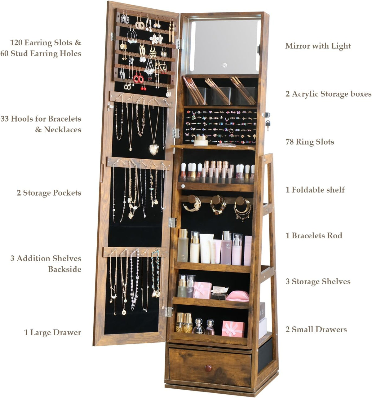360° swivel full length mirror jewelry cabinet standing on a desk or shelf