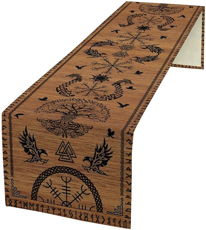 Viking Table Runners, Viking Tree of Life Raven Helmet of Awe Wood Print Table by Unknown