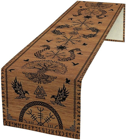 Viking Table Runners, Viking Tree of Life Raven Helmet of Awe Wood Print Table by Unknown
